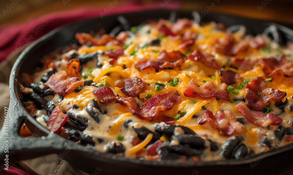 Black spaghetti carbonara with bacon and parmesan in a frying pan Black spaghetti carbonara with bacon and parmesan in a frying pan