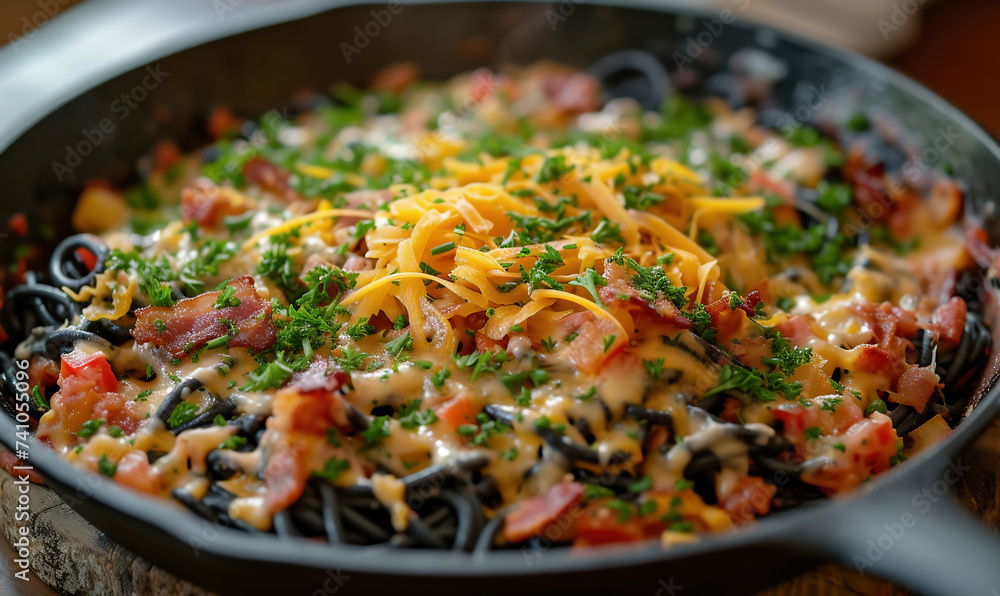 Black spaghetti carbonara with bacon and parmesan in a frying pan Black spaghetti carbonara with bacon and parmesan in a frying pan