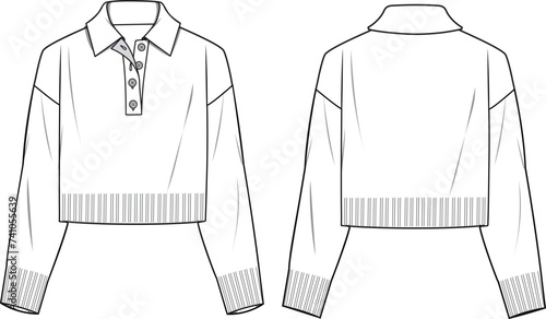 Women's Polo Neck Crop Jumper. Technical fashion illustration. Front and back, white color. Women's CAD mock-up.