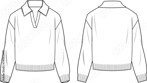 Women's Polo Neck Jumper. Technical fashion illustration. Front and back, white color. Unisex CAD mock-up.
