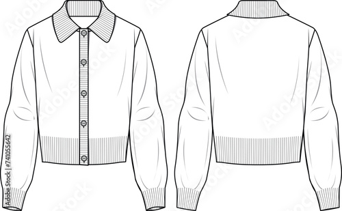 Women's Polo Neck Cardigan- Technical fashion illustration. Front and back, white color. Women's CAD mock-up.