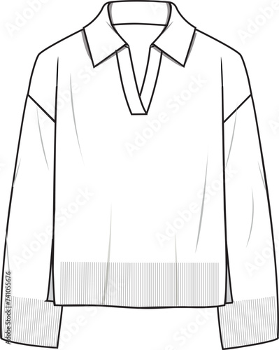 Women's Polo Neck Jumper. Technical fashion illustration. Front, white color. Women's CAD mock-up.
