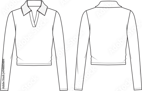 Women's Polo Neck, Crop Jumper. Technical fashion illustration. Front and back, white color. Unisex CAD mock-up.