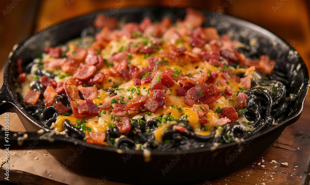 Black spaghetti carbonara with bacon and parmesan in a frying pan Black spaghetti carbonara with bacon and parmesan in a frying pan