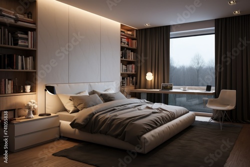 Contemporary bedroom featuring a sleek bed, integrated bookshelf, subtle lighting, and large window with a serene forest view