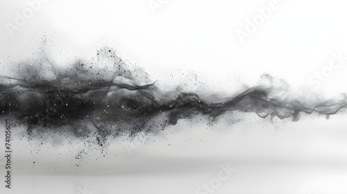 Black powder explosion. The particles of charcoal splatter on white background. Closeup of black dust particles splash isolated on background.