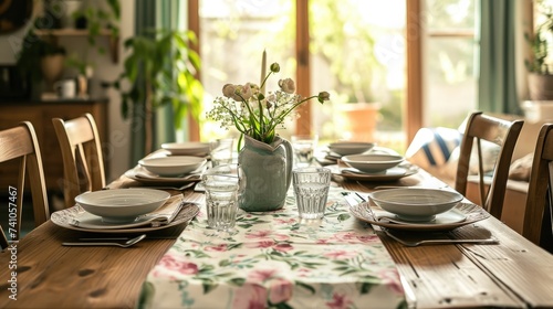 A beautifully arranged farmhouse dining table bathed in natural light, adorned with fresh flowers and elegant tableware, invites a homely dining experience..