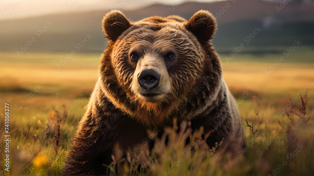 Wild Encounter: a wild Grizzly Bear in the wilderness starring at the camera for a picture-perfect, close-up photo.  Generative AI - obrazy, fototapety, plakaty 