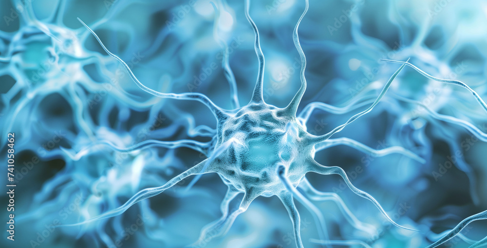 Obraz premium Close-up view of several blue-colored neurons with extended dendrites, illustrating intricate neural connections in a dynamic biological network