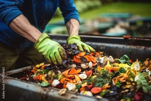 Hands of man gloves composts food waste in the garden.