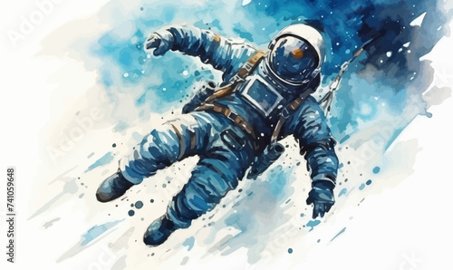 Watercolor astronaut flight in space, gravity picturesque card, poster