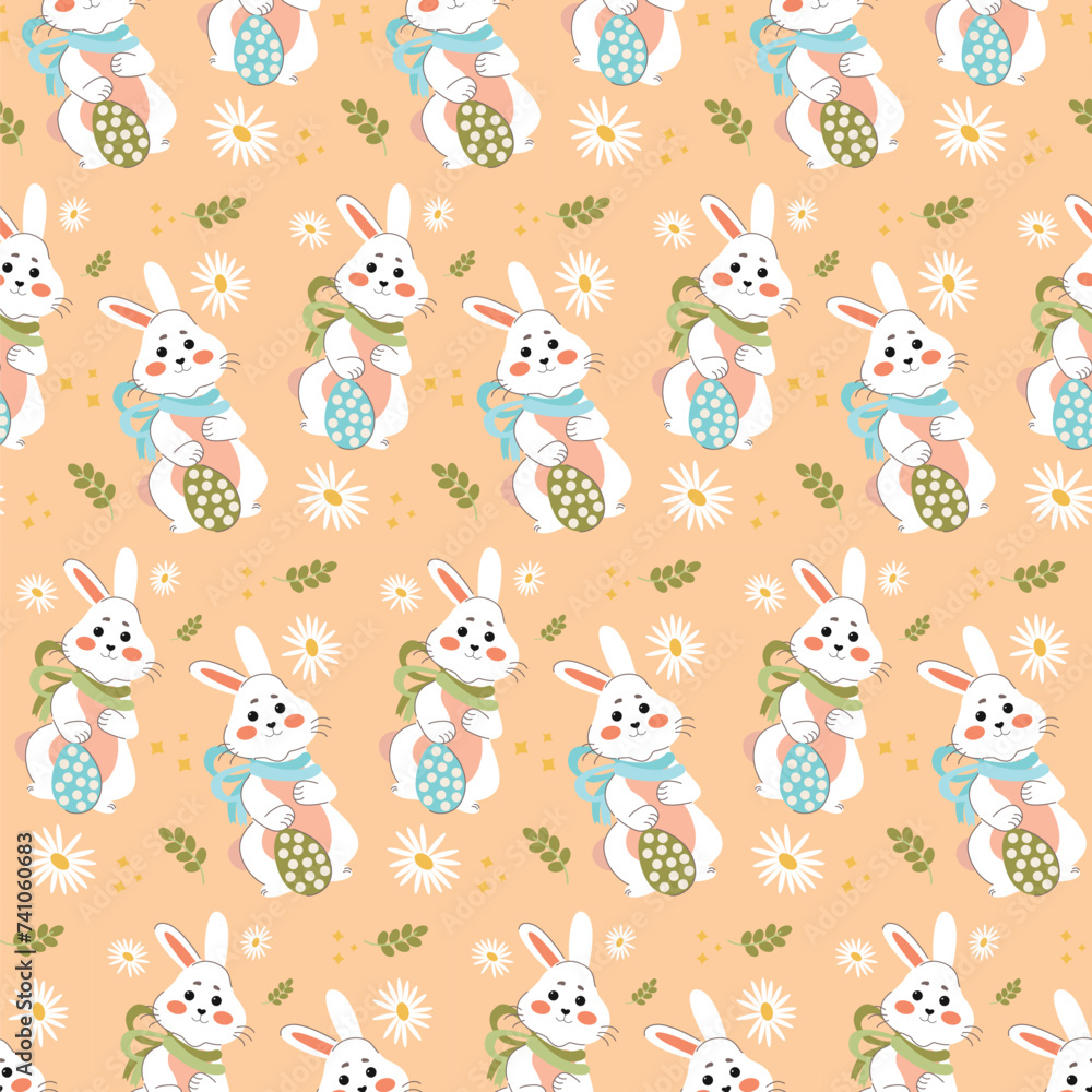 White rabbits on a peach background pattern. Lovely flat Easter seamless pattern with bunnies, doodles, flowers, easter eggs, beautiful background. For Easter cards, banner, textiles, wallpaper. White rabbits on a peach background pattern. Lovely flat Easter seamless pattern with bunnies, doodles, flowers, easter eggs, beautiful background. For Easter cards, banner, textiles, wallpaper.