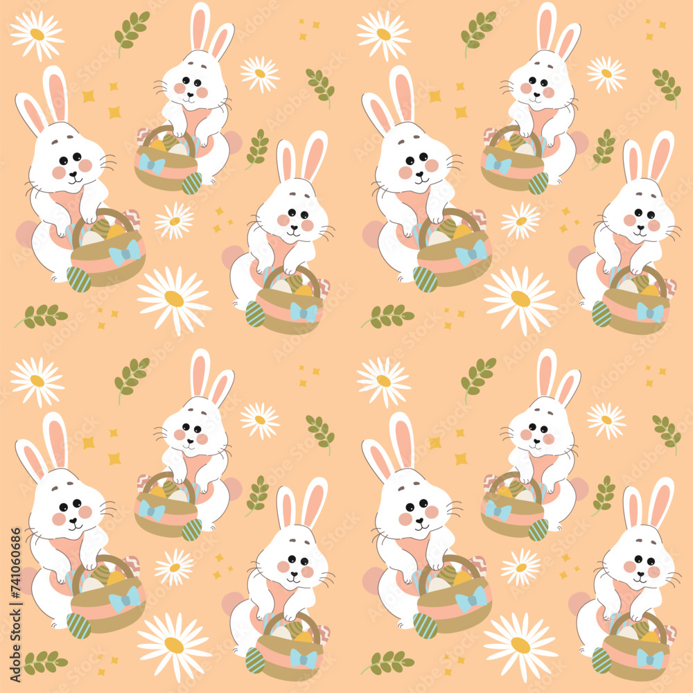 Naklejka premium White rabbits on a peach background pattern. Lovely flat Easter seamless pattern with bunnies, doodles, flowers, easter eggs, beautiful background. For Easter cards, banner, textiles, wallpaper.