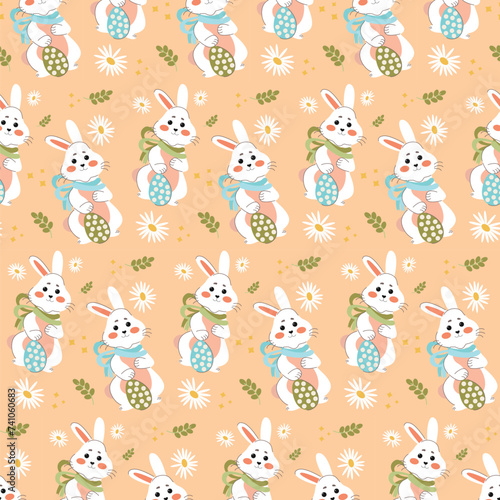 White rabbits on a peach background pattern. Lovely flat Easter seamless pattern with bunnies, doodles, flowers, easter eggs, beautiful background. For Easter cards, banner, textiles, wallpaper.