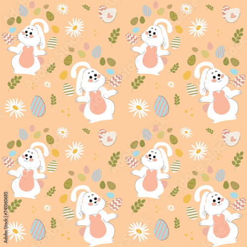 White rabbits on a peach background pattern. Lovely flat Easter seamless pattern with bunnies, doodles, flowers, easter eggs, beautiful background. For Easter cards, banner, textiles, wallpaper.