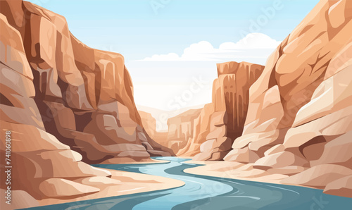 A canyon with a river vector simple 3d smooth cut isolated illustration