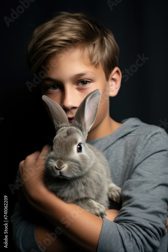 Portrait of a boy holding a rabbit hare in his hands. To love animals. Schoolboy. Pet. © Al