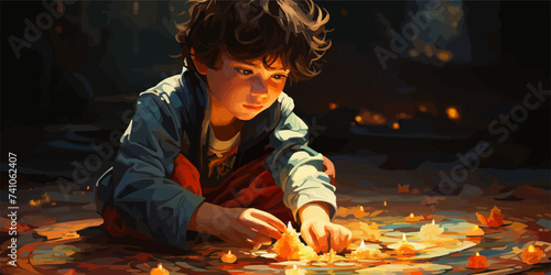 The child touches the pattern with his finger on the ground, digital art style, illustration painting