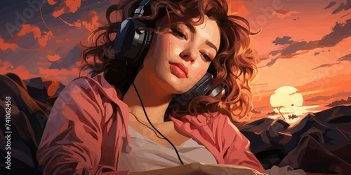 Lofi girl laying on the bed. Smooth atmosphere, hip hop. Soft colors, soft lights vector flat bright colors