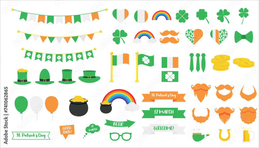 Happy St. Patrick's Day big set with green clover, shamrock, gold coins pot, flag, rainbow, moustache, horseshoe, hat, flags, garlands, hearts white isolated background