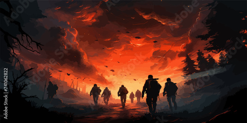 landscape sky clouds. Red sunset in the clouds. Engraving style. vector flat bright colors
