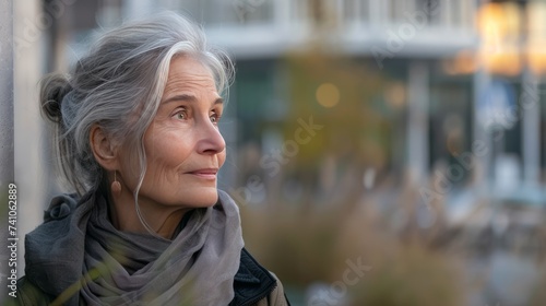 A contemplative mature woman outdoors in a city setting, portraying urban serenity