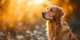 Golden Retriever dog sitting in the meadow at sunset.