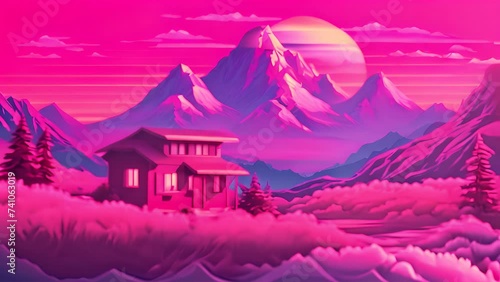Еranquil mountainside cabin basks in the warm glow of a sunset under a pink sky, with majestic snow-capped peaks in the background
