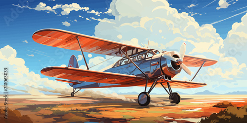 vector illustration of the clouds image with a biplane flying in the blue sky