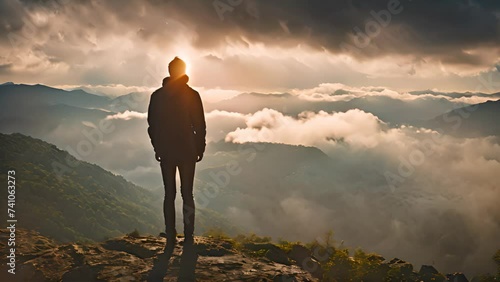 Lone man stands at cliff on mountain, gazing at clouds drifting by in the sky photo