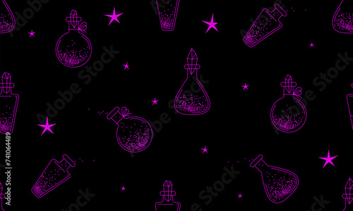 Seamless pattern with fairytale vials and bottles. Texture with vintage bottles with magic potion. Decorative stars with sparkling glitters. Poison or elixir. Premium shiny magic liquid potion bottle