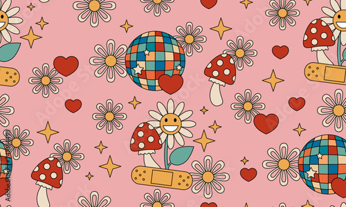 Seamless pattern with Retro 70s 60s Hippie Groovy Flower, mushroom, heart, Medical patch. Grow positive thoughts Good vibes. Boho Summer Flower Power Flower Child surface design