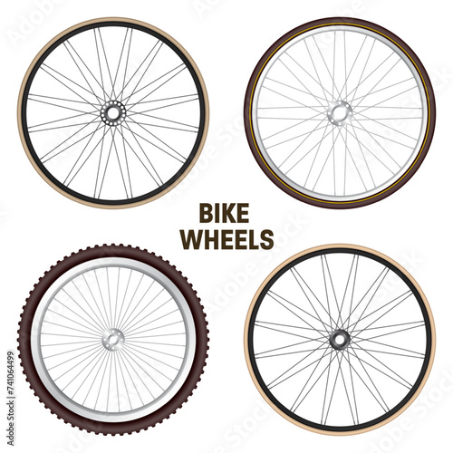 Realistic 3d retro bicycle wheels. Vintage bike rubber tyres, shiny metal spokes and rims. Fitness cycle, touring, sport, road and mountain bike. Vector illustration