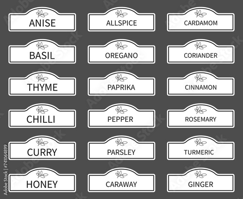 Cardboard stickers,stickers or labels for jars of spices and herbs.Set of 18 vector stickers with names of spices in English. Can be used to label kitchen food containers.