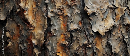 A detailed closeup of the textured bark on a pine trees trunk resembles a beautiful painting, showcasing the natural artistry of plant life