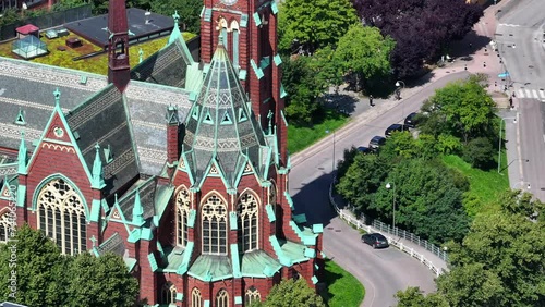 Fassbergs Kyrka, Aerial view of Gothenburg, Sweden, Aerial view of downtown, view of city canal with park , trees in foreground, Old building , Coastline of Scandinavian city, surrounding buildings  photo