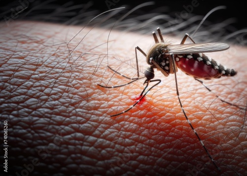 realistic image of a mosquito biting an arm outdoors