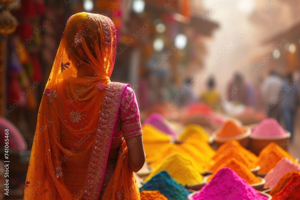 a woman in a colored sari walks through an Indian bazaar. Holi holiday