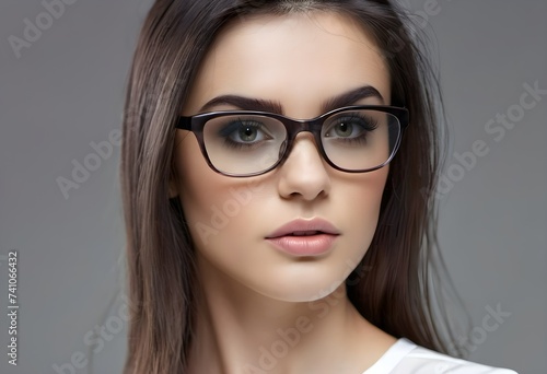 A close-up portrait of a business woman in glasses. A brunette young woman