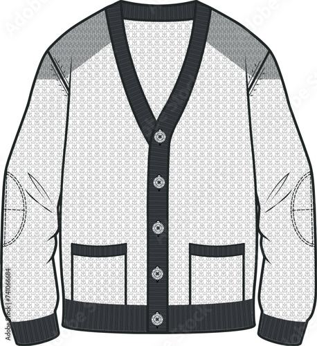 Kids Sweater and Cardigan Technical Drawing: Apparel Template for Knitted Garments. Vector Flat Sketch of Cardigans and Sweaters with Knitting Details.