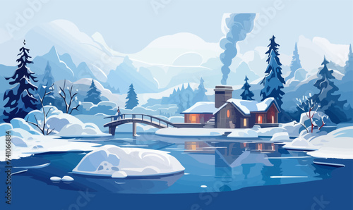 Thermal Hot Springs in Winter vector flat isolated vector style illustration