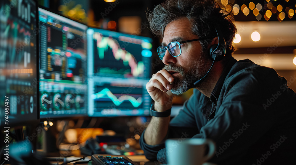 Serious trader working online with crypto chart sitting in modern, selective focus. Online trading - obrazy, fototapety, plakaty 