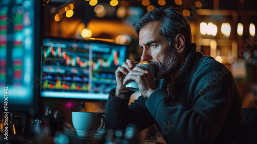 Serious trader working online with crypto chart sitting in modern, selective focus. Online trading