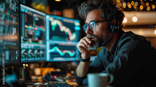 Serious trader working online with crypto chart sitting in modern, selective focus. Online trading