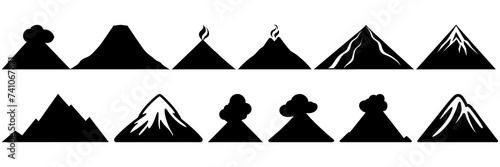 Volcano silhouettes set, large pack of vector silhouette design, isolated white background photo