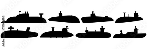 Submarine silhouettes set, large pack of vector silhouette design, isolated white background