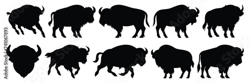 Bison buffalo silhouettes set, large pack of vector silhouette design, isolated white background