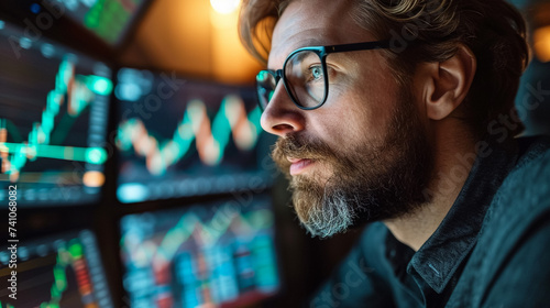 Male trader holding coffee cup while analyzing stock market data on multiple computers at night office