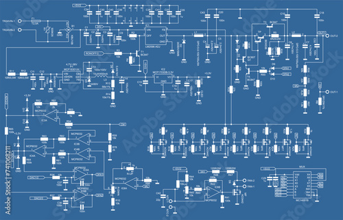 Schematic diagram of electronic device. Vector drawing electrical circuit with resistor, transistor, diode, coil, led, power unit, integrated circuit.