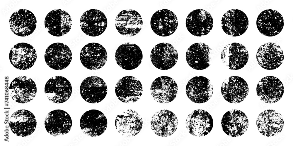 Grunge circles with stains and scratches. Circle brush stroke, round shape design element. Distressed dirty text frame, border, sticker or label. Paintbrush, ink stains. Vector illustration Grunge circles with stains and scratches. Circle brush stroke, round shape design element. Distressed dirty text frame, border, sticker or label. Paintbrush, ink stains. Vector illustration
